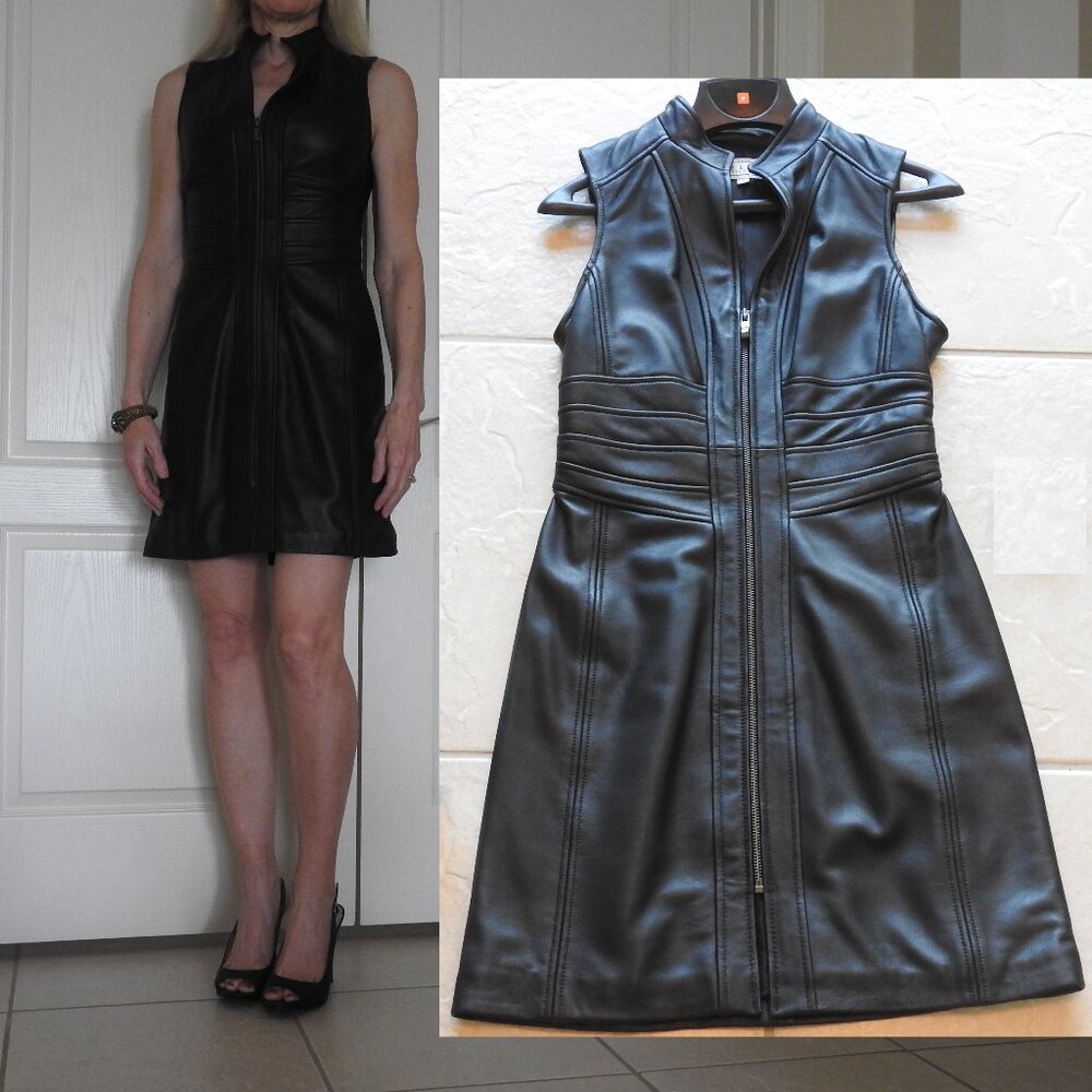 Vintage Pelle Studio Genuine Black Leather Sleeveless Dress w/ Front Zip, Size 2
